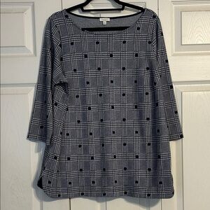 TALBOTS 1X Navy Blue White Houndstooth Plaid Dot Pullover Sweater Top Cotton